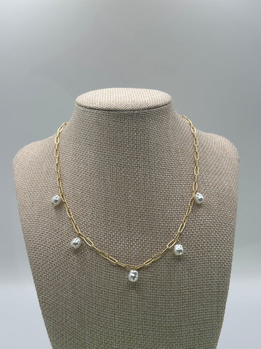 Gold-Tone Link Chain Necklace with Imitation Pearl Drops | Adjustable Brass Jewelry