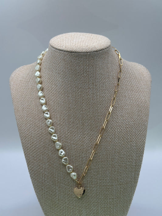 Gold-Tone Half Pearl & Paperclip Chain Necklace with Heart Charm | Adjustable Brass Jewelry