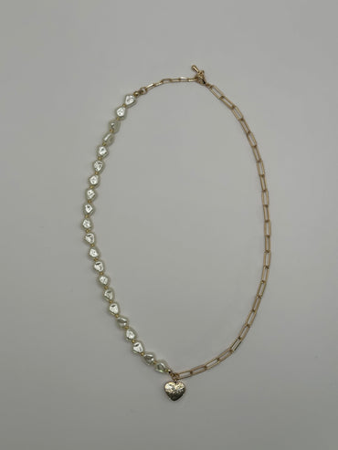Gold-Tone Half Pearl & Paperclip Chain Necklace with Heart Charm | Adjustable Brass Jewelry