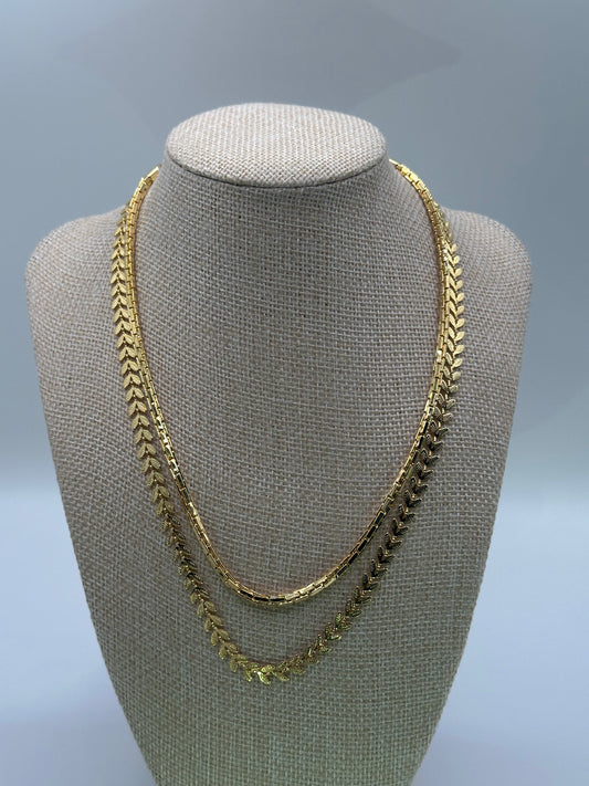 Gold-Tone Layered Leaf Chain Necklace Set | Gold-Dipped Double Strand (Adjustable)