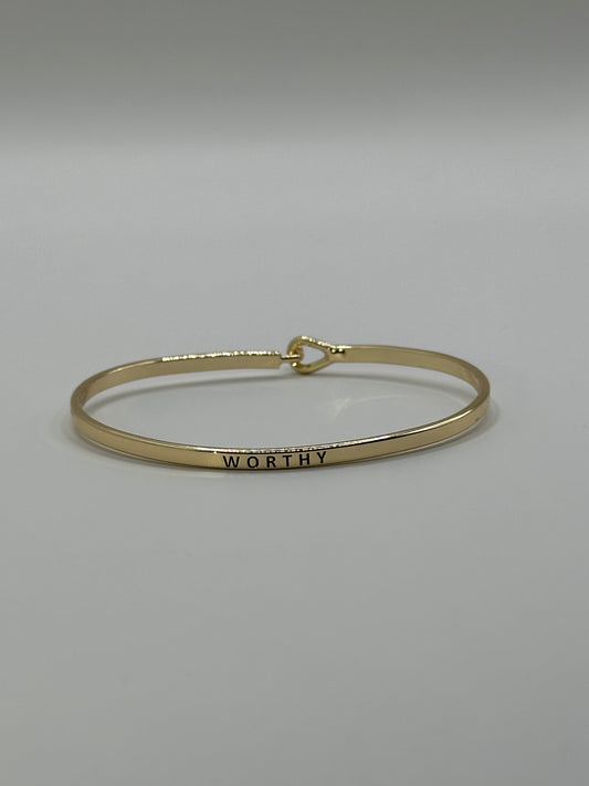 WORTHY Engraved Gold-Tone Bangle Bracelet | Minimal Brass Cuff