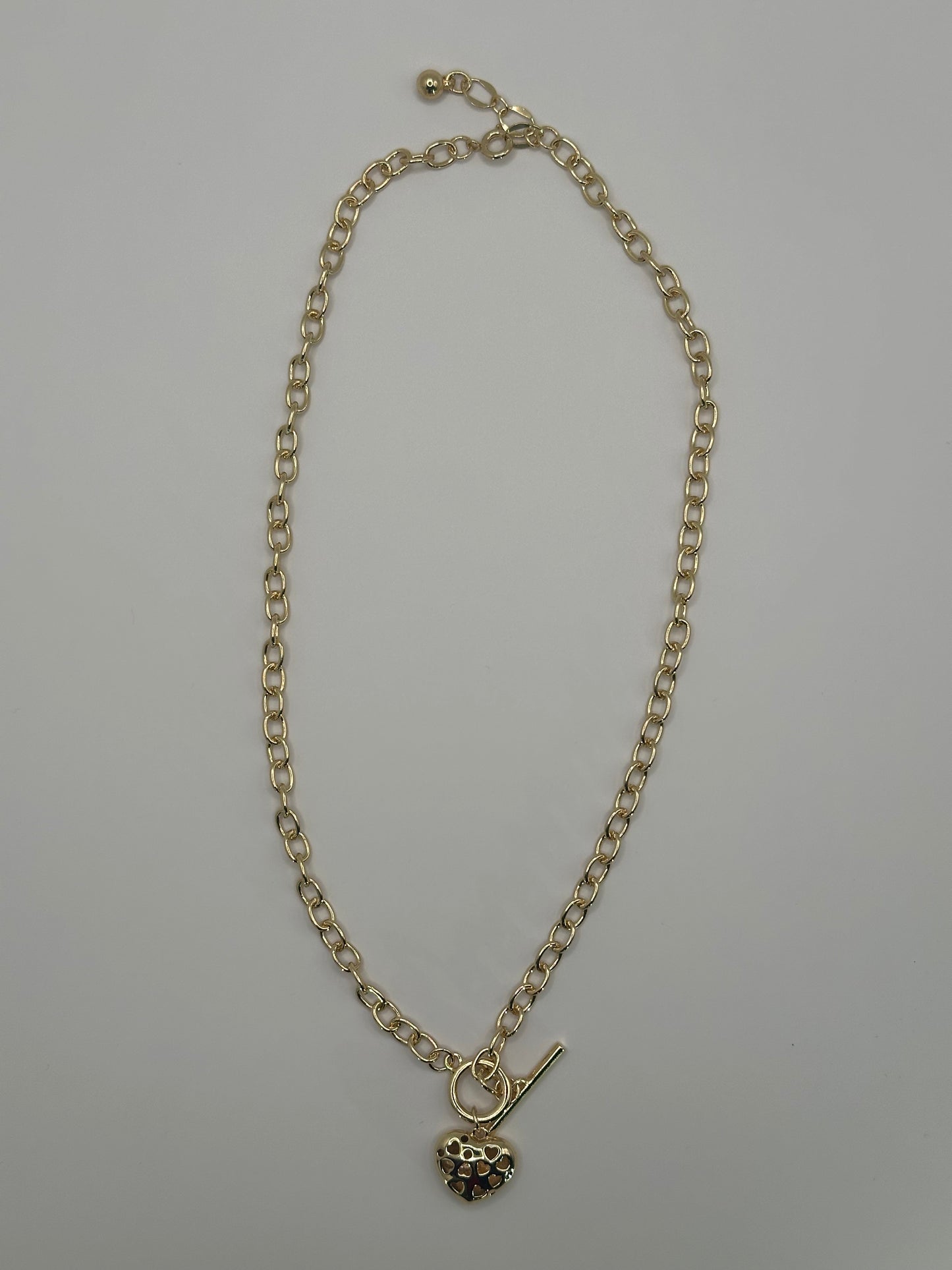 Gold-Tone Chain Necklace with Heart Pendant and T-Bar Clasp | 18K Gold-Dipped Jewelry