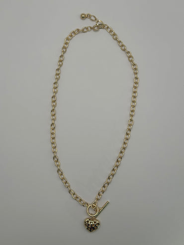 Gold-Tone Chain Necklace with Heart Pendant and T-Bar Clasp | 18K Gold-Dipped Jewelry