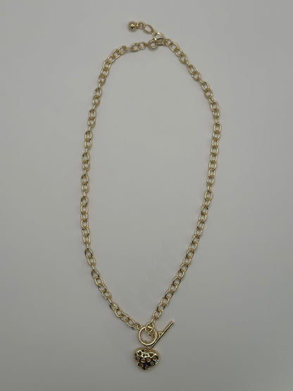Gold-Tone Chain Necklace with Heart Pendant and T-Bar Clasp | 18K Gold-Dipped Jewelry