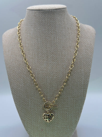 Gold-Tone Chain Necklace with Heart Pendant and T-Bar Clasp | 18K Gold-Dipped Jewelry