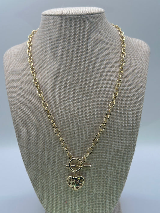 Gold-Tone Chain Necklace with Heart Pendant and T-Bar Clasp | 18K Gold-Dipped Jewelry