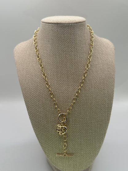 Gold-Tone Chain Necklace with Heart Pendant and T-Bar Clasp | 18K Gold-Dipped Jewelry