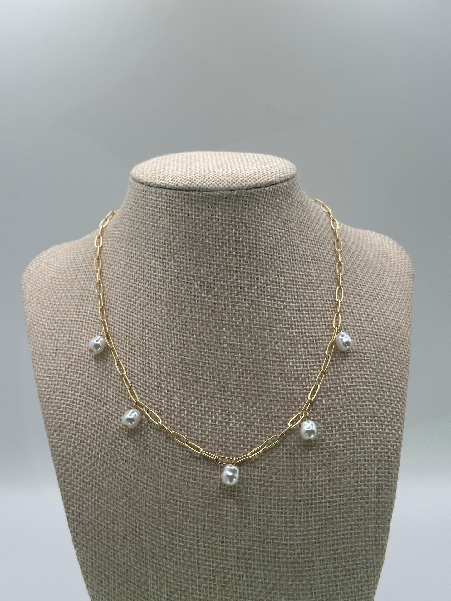 Gold-Tone Link Chain Necklace with Imitation Pearl Drops | Adjustable Brass Jewelry