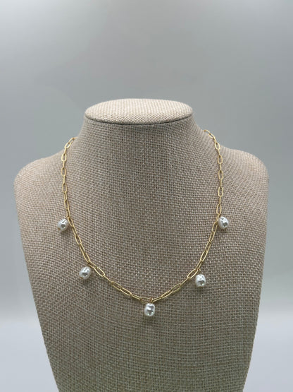 Gold-Tone Link Chain Necklace with Imitation Pearl Drops | Adjustable Brass Jewelry