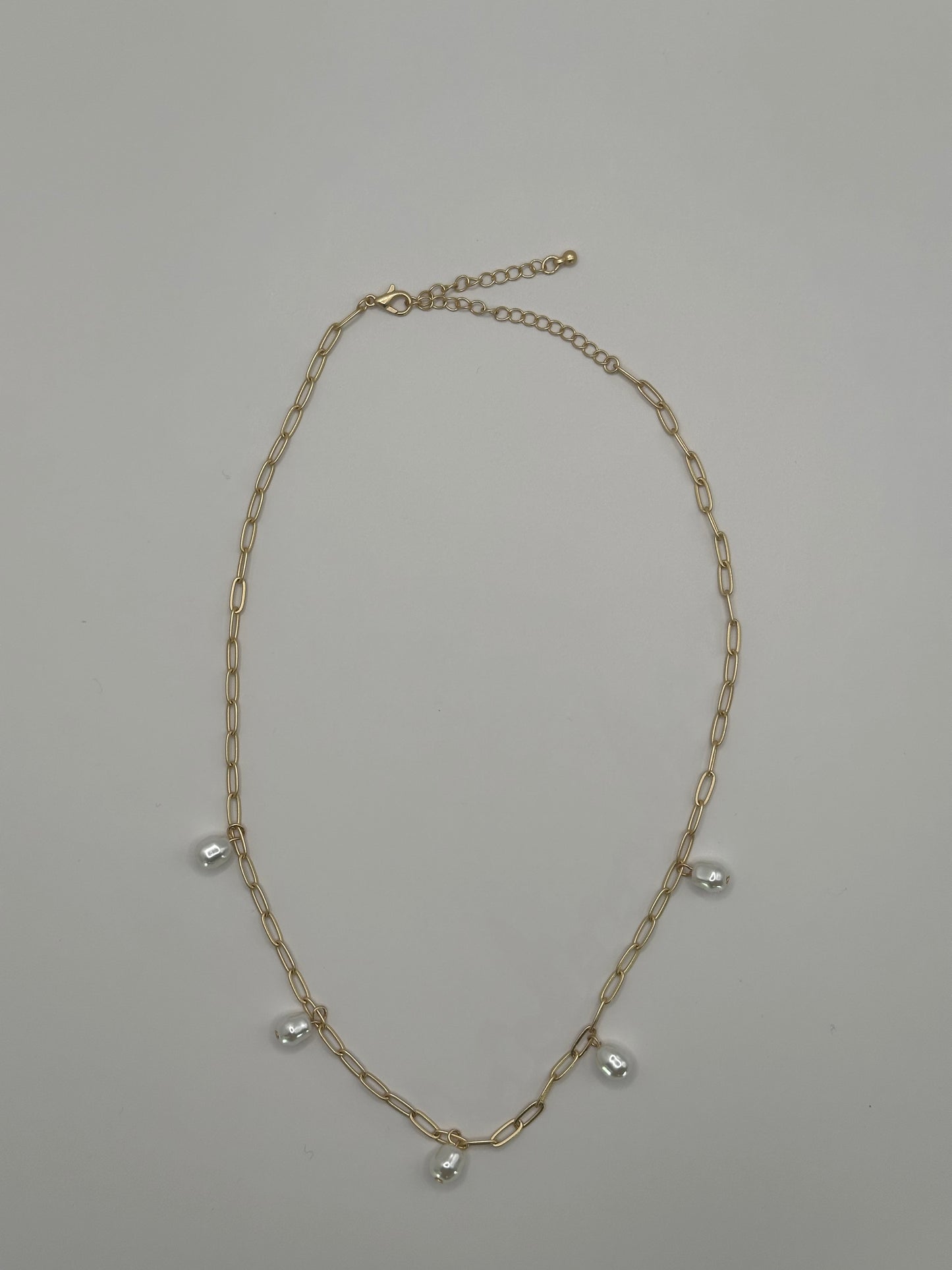 Gold-Tone Link Chain Necklace with Imitation Pearl Drops | Adjustable Brass Jewelry