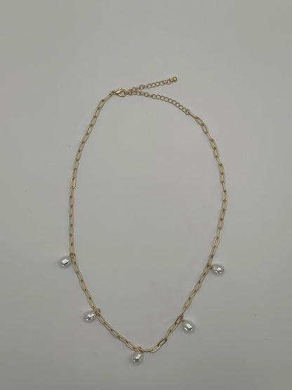 Gold-Tone Link Chain Necklace with Imitation Pearl Drops | Adjustable Brass Jewelry