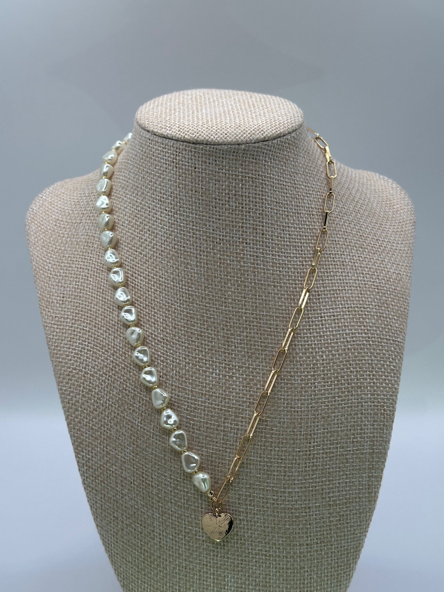 Gold-Tone Half Pearl & Paperclip Chain Necklace with Heart Charm | Adjustable Brass Jewelry