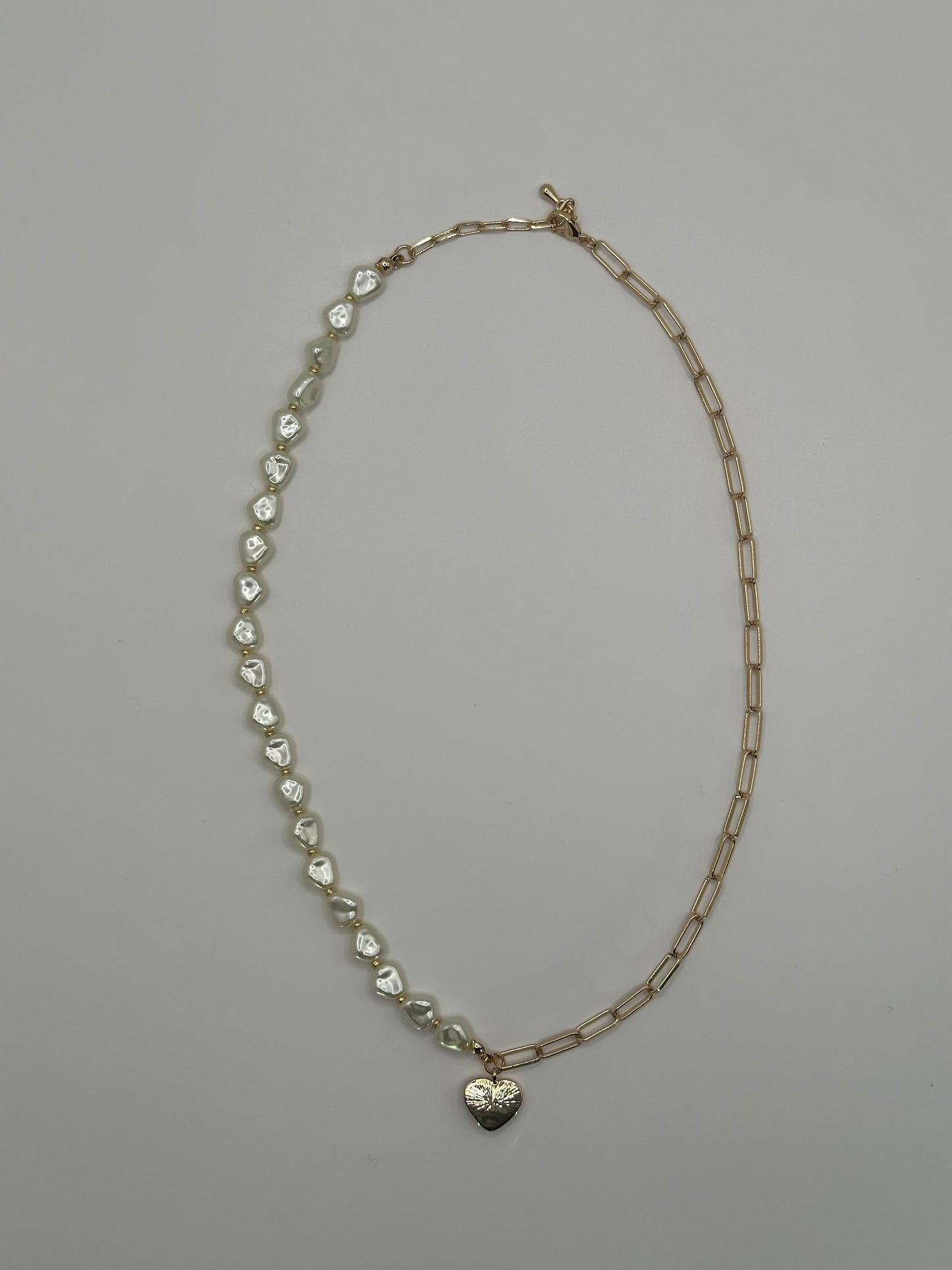 Gold-Tone Half Pearl & Paperclip Chain Necklace with Heart Charm | Adjustable Brass Jewelry