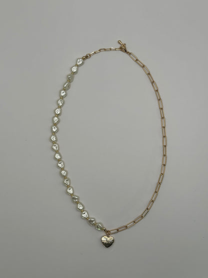 Gold-Tone Half Pearl & Paperclip Chain Necklace with Heart Charm | Adjustable Brass Jewelry