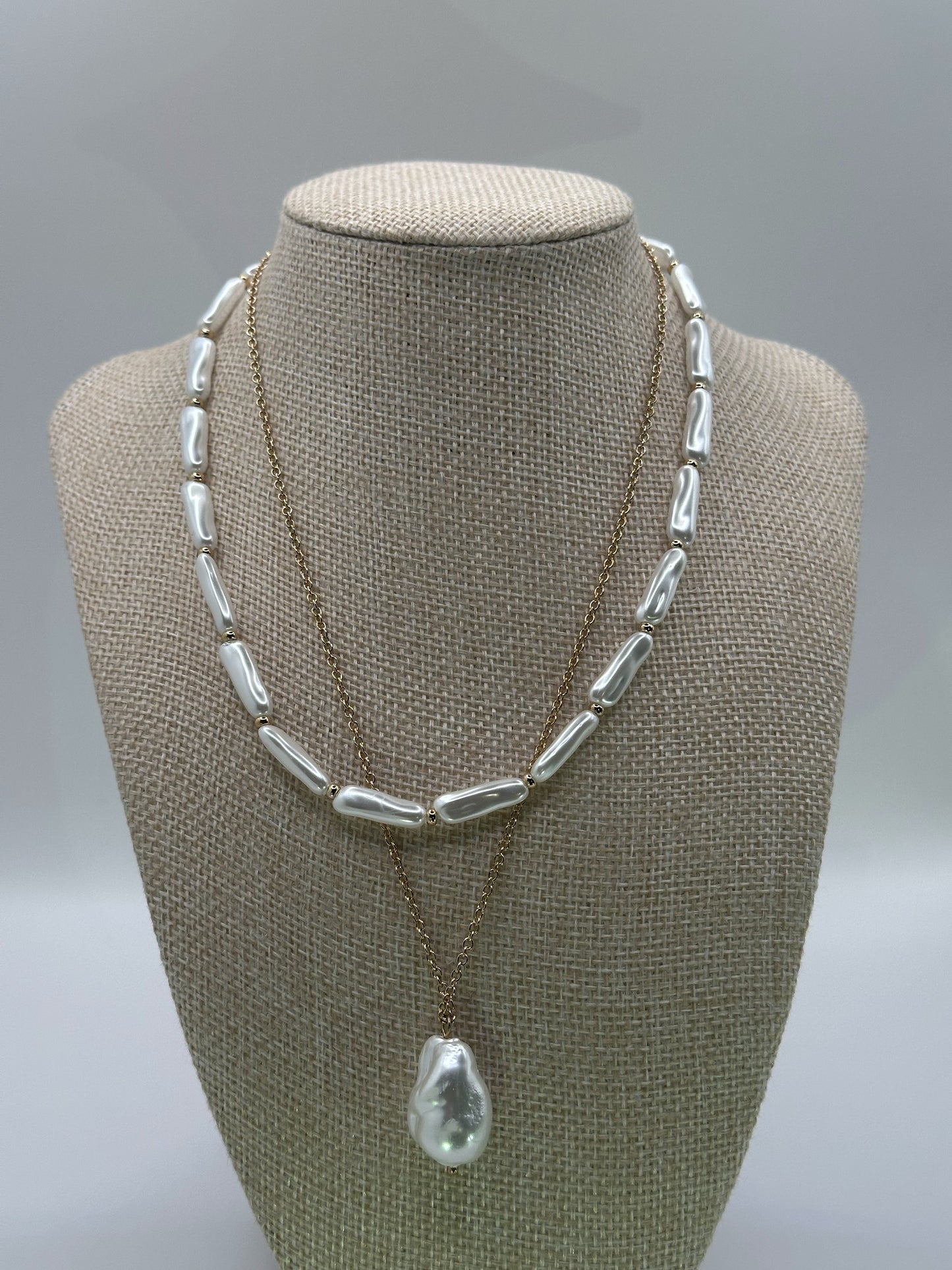 Gold-Tone Multi-Strand Pearl Necklace | Layered Stainless Steel Fashion Jewelry