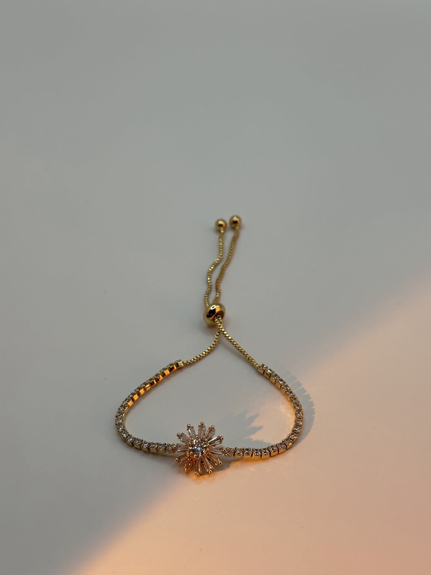 18K Gold Filled Crystal Slider Bracelet | Tennis Chain Sunburst Charm