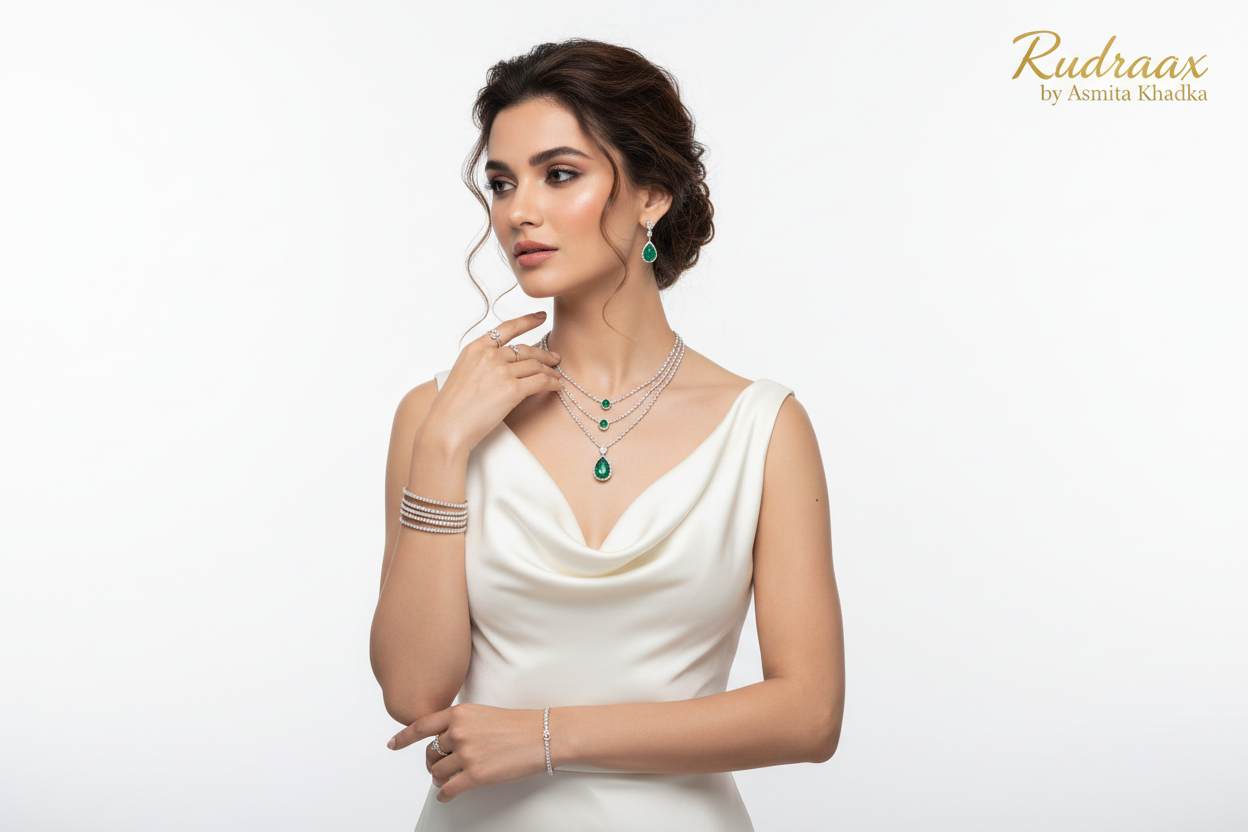 Make a model wearing jewelry. backgorund color white. make the pic clean. in the right top corner, write Rudraax in one one, and by Asmita Khadka in second line in small letter